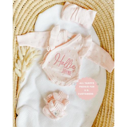 Newborn girl coming home outfit, knit baby girl ruffle romper, embroidered name wrap bodysuit, announcement gender reveal custom personalize