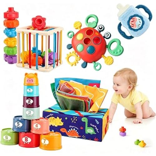 5 in 1 Baby Toys 6 to 12 to 18 Months, Montessori Toy for Babies 6-12 Months, Gifts for 1 Year Old, Sensory Toys for Babies, Baby Tissue Box, Stacking Cups, Shape Sorter Cube
