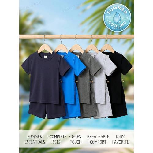 SHEIN 5 Sets Toddler Baby Boy Kids Casual Solid Short Sleeve Soft 2 Piece Sets Outfits T-Shirts Shorts Tops Summer Clothes Vacation Beach Summer Outfit