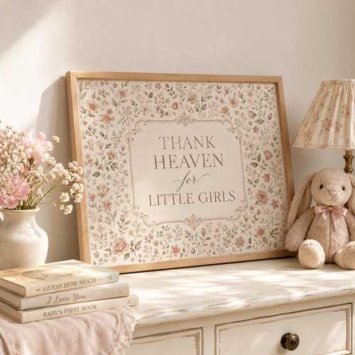 Thank Heaven for Little Girls Print, Pastel Nursery Decor, Farmhouse Girl's Room Decor, Pink Floral Nursery Art