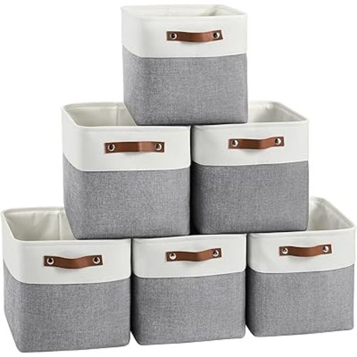 Cube Storage Baskets 6 Pack, 11x11 inch Foldable Cube Storage Bins with Leather Handles for Shelf Closet Nursery Toys (White/ Gray)