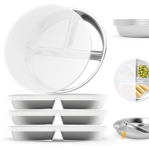 Bakpoco Stainless Steel Kids Plates Set of 4, 9" Portion Control Plates Divided Plate for Adults Toddlers Balance Lunch, Bariatric & Diabetic Diet, Non Toxic Camping Metal Snack Plate for Eating