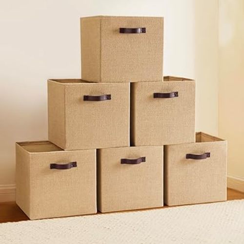 Ornavo Home 13 x 13 Storage Cube Bins, 6 Pack Jute Baskets, Fabric Storage Bins Shelf Basket Cube Organizer for Closet Foldable Collapsible with Leather Handles