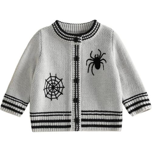 Toddler Baby Boy Halloween Outfit Knit Sweater Cardigan | Halloween Baby Boy Outfit, Gothic Spider & Web/ Pumpkin Embroidery Knit Sweater, Long Sleeve Button Jacket Fall Clothes