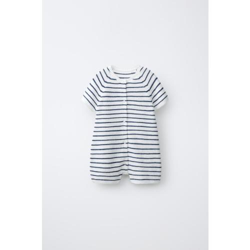 STRIPED PEARL KNIT SHORT JUMPSUIT - Ecru / Blue | ZARA United States