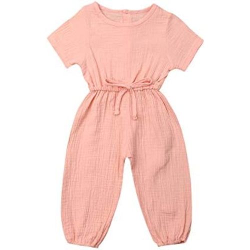 Mubineo Toddler Baby Girl Summer Fall Basic Plain Short Sleeve Cotton Linen Drawstring Romper Jumpsuit