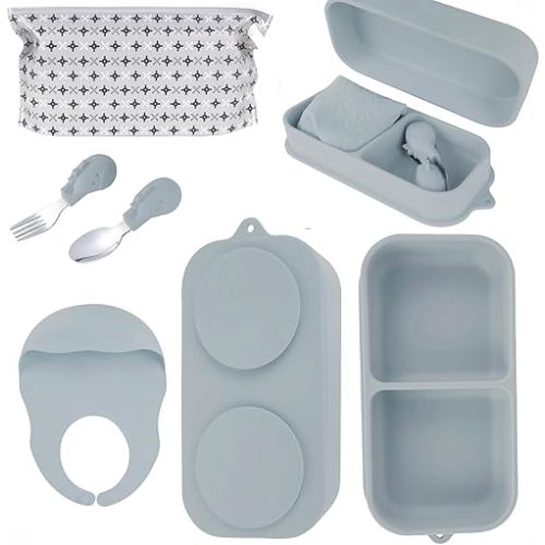 Travel Silicone Baby Feeding Set with 316 Stainless Steel Spoon & Fork,Silicone Suction Plates, Foldable Bib, Storage Bag - Portable Infant Toddler Utensils, 6-Piece BPA-Free Dishware Kit（gray）