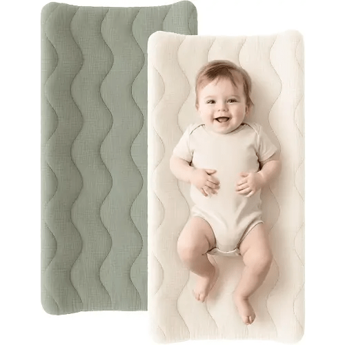 Konssy Waterproof Muslin Changing Pad Cover 2 Pack, 100% Cotton Quilted Diaper Changing Table Sheets, Soft Breathable Boho Nursery Bedding for Baby, Silent & Absorbent Standard Fit (Fog Green,Cream)