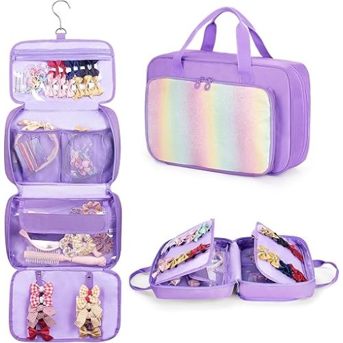 Hanging Hair Accessories Organizer for Baby Girls, Hair Bow Storage Bag, Travel Stuff Case for Hair Clips, Headbands, Scrunchies, Purple (Bag only)