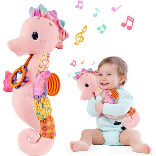 Fuzqq Baby Girl Toys 0-6 Months,Musical Stuffed Animal Plush Toy with Rattle,Soft Newborn Toy for 0 3 6 9 12 Months Girls,Baby Girl Gift,Pink