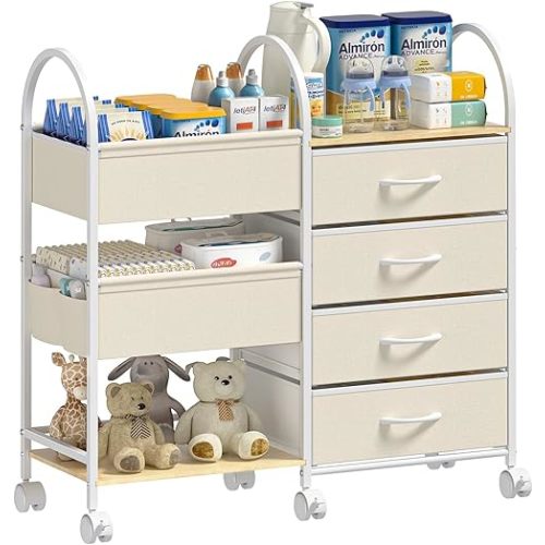 ONWAYHOME Baby Organizer and Storage Cart, 4-Tier Rolling Utility Cart with Wheels, Dividers and Drawers, Easy to Assemble for Nursery, Bedroom & Changing Table, White