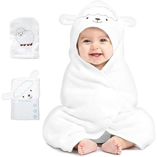CuddleBug Hooded Baby Bath Towel & Washcloth Set (Bear) - 100% Cotton Terrycloth Hooded Baby Towels for Newborn & Toddler - Super-Soft & Absorbent, Newborn Essentials (33" x 33") - White Lamb