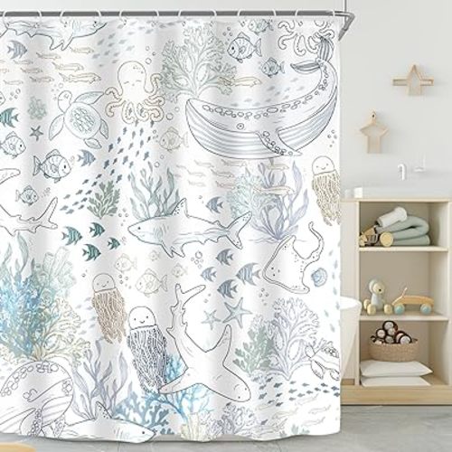 Riyidecor Kids Shark Fish Shower Curtain for Bathroom Decor 72Wx72H Funny Cartoon Coastal Nautical Sea Ocean Whale Undersea Turtle Sketch Art Printed Fabric Polyester Waterproof 12 Pack Plastic Hooks