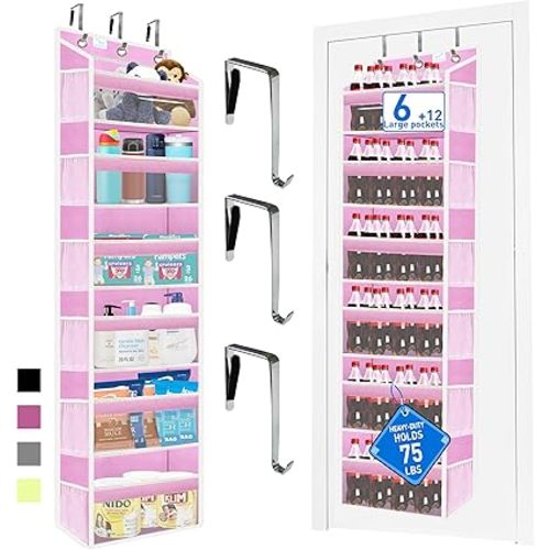 over the door organizer, Solid Bamboo Board (Not Plastic!) 6-Tier Heavy Duty 75LB, 12 Side Pockets, 3 Reinforced Hooks & Anti-Slip Pads, Waterproof & Washable, No Sagging, No Door Damage,Pink
