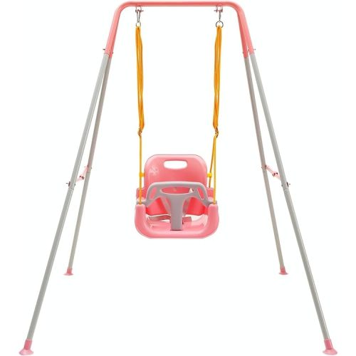 FUNLIO Toddler Swing with Foldable Metal Stand for Toddlers Aged 1~10 Years, 3-in-1 Baby Swing Set with 4 Sandbags for Backyard/Indoor/Outdoor Play, Easy to Assemble & Store, Pink