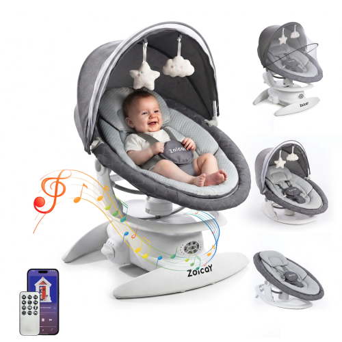 Zoicay Baby Swing, Baby Rocker Stationary Seat Infants Swing 3-IN-1 Design, Motion Detection, 5 Speeds & 3 Modes, 12 Melodies & Bluetooth Music, Gray