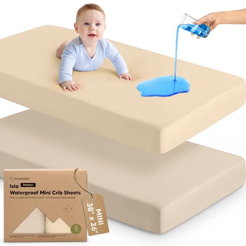 2-Pack Waterproof Pack and Play Sheets, Mini Crib Sheets Fitted (Macadamia) | 38x26 Pack N Play Mattress Sheets, Soft Viscose from Bamboo, Gender Neutral Boy Girl, Toddler Playard, Mini Baby Crib Sheets