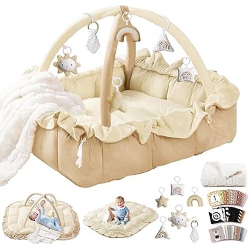 5-in-1 Plush Baby Play Gym, Baby Play Mats, Convertible Baby Gym with Blanket and 6 Toys, Tummy time mat, Baby Activity Center from Newborn to Toddler, Baby Gym, Ball Pit, No Ball Included, Cream
