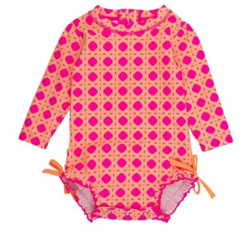 Rufflebutts Baby Girls Upf50+ Long Sleeve One Piece Rash Guard - Neon Sherbet Cane, 0-3m