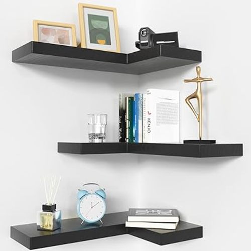 NATURE'S SOURCE Corner Floating Shelves with Invisible Brackets, Corner Shelves Wall Mounted Set of 3, Bedroom Bathroom Kitchen Living Room Office- Gothic Style 16.6" x 6" (Black)