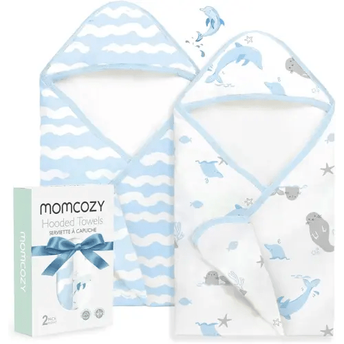 Momcozy Baby Towel with Hooded-Original Design Baby Towel Set -Soft & Absorbent- Shower Gifts or Bath Essential for Infant, Newborn, Toddler, Marine Sea Whale Seal Waves Magic