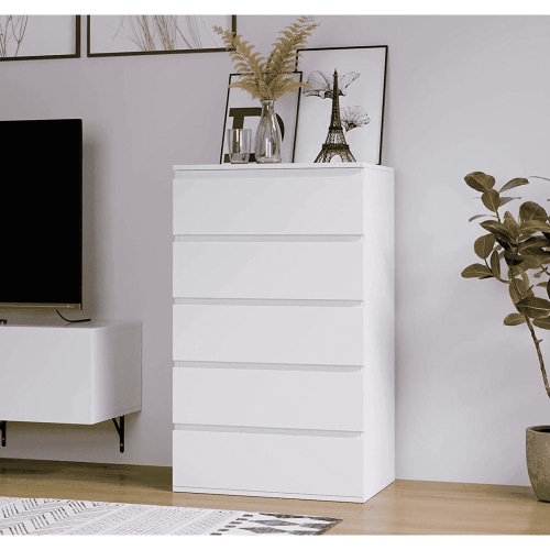 Walmart Black Friday Deals 2025 - Homfa 5 Drawer White Dresser, Modern Tall Storage Cabinet for Bedroom, Slim MDF Chest of Drawers