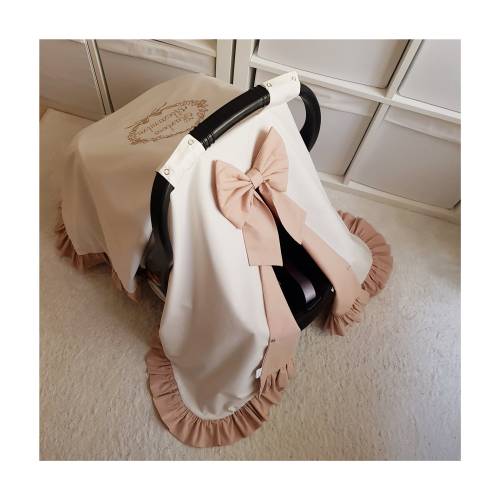 Light Cream and Beige Baby Car Seat Cover Girl and Boy with Ruffle , Personalized Carseat Canopy Baby Girl with Name Embroidery , Baby Gift