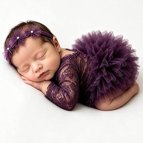 Newborn Photography Outfits Girl, Baby Girl Photoshoot Props, Lace Romper with Headband for 0-1 Months Newborn