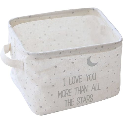 Storage Bin Basket Organizer Container Cube Rectangle with Handles Linen Canvas Jute Collapsible (#1: 7.8" long × 6.3" wide × 5.1" high, Gray Stars Moon)