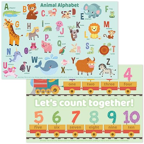 Bright Seed Disposable Placemats for Baby, Toddlers and Kids, 40 Disposable Baby Placemats for Restaurant, Dining Table & Travel, Learning Placemats for Kids, Toddler Travel, Animals ABC & Numbers