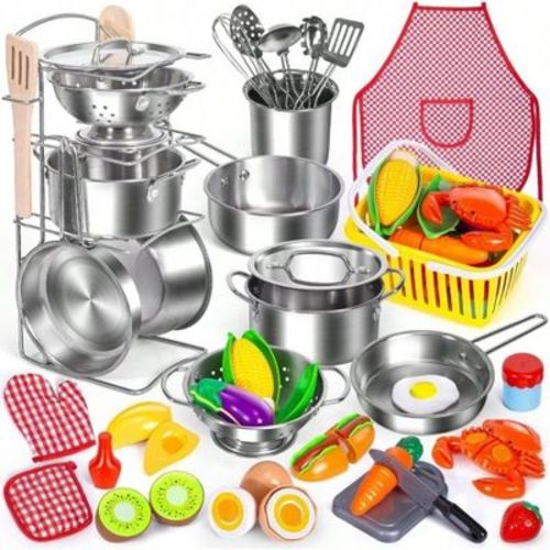 Pretend Play Kitchen Toy Set, 32 Items Stainless Steel Pots Pans with Rack, Metal Utensils, Apron Play Food Basket