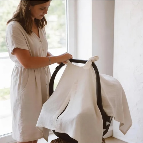 Baby car seat cover boy summer, Linen baby Stroller Cover, Baby Car Seat Cover with Bows,Natural car seat tent,Canopy cover,Baby Shower Gift