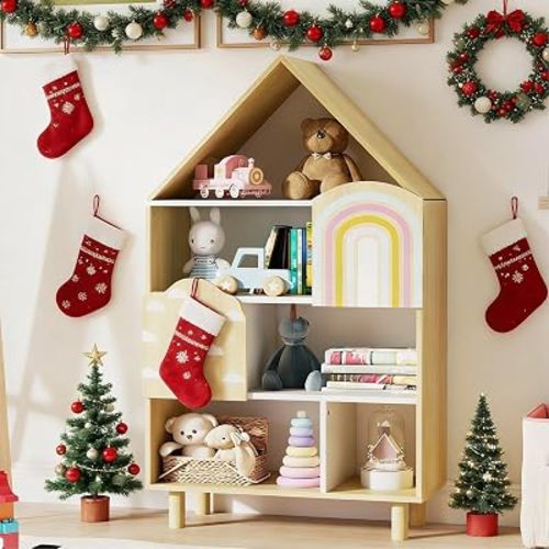 Costzon Kids Dollhouse Bookshelf w/ 2 Doors, Wooden Toy Storage Organizer w/Anti-toppling Devices & Solid Wood Legs, House-Shaped Toddler Bookshelf for Kids Room, Playroom, Nursery, Bedroom, Natural