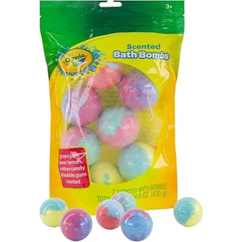 Crayola Colorful Scented Bath Bombs for Kids, Color You Bath Non-Toxic Bathbomb Fizzies for Boys Girls Holiday Stocking Stuffer, Grape Jam, Laser Lemon, Cotton Candy, & Bubble Gum Scents