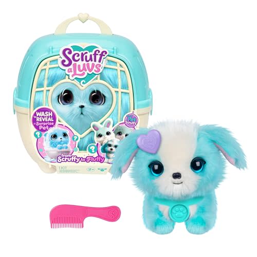 SCRUFFALUVS Blue Surprise Pet, Mystery Plush Toys, Stuffed Animals, Wash to Reveal 1 of 3 Rescue Pets: Puppy, Bunny, or Kitty - Includes 8.7" Deluxe Pet Carrier - Styles May Vary