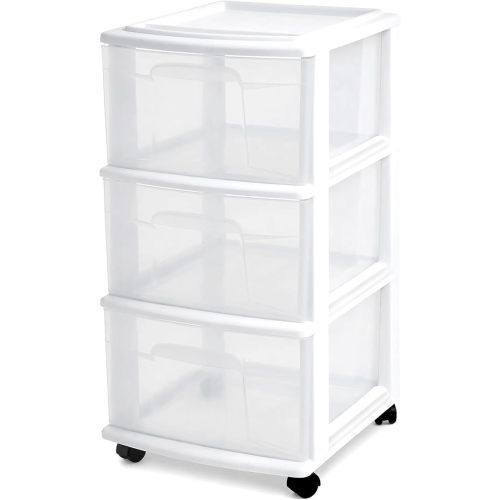 HOMZ Drawer Tower, 3-Tier Storage Cart with Removable Wheels, White Frame | Plastic Organizer with Clear Bin Drawers for Bedroom, Bathroom, Home Office, and Dorm Rooms