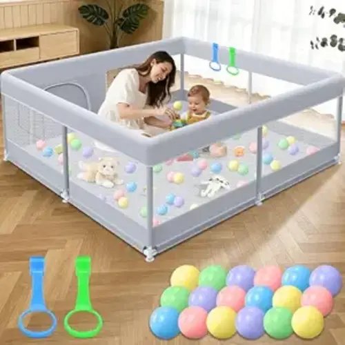 Baby Playpen 50 x 50 Inch Play Pen Playards, Playpen for Babies and Toddlers, Baby Playard for Indoor & Outdoor Active Center Game Fence, with Skin-Friendly Fabric and Soft Breathable Mesh Grey