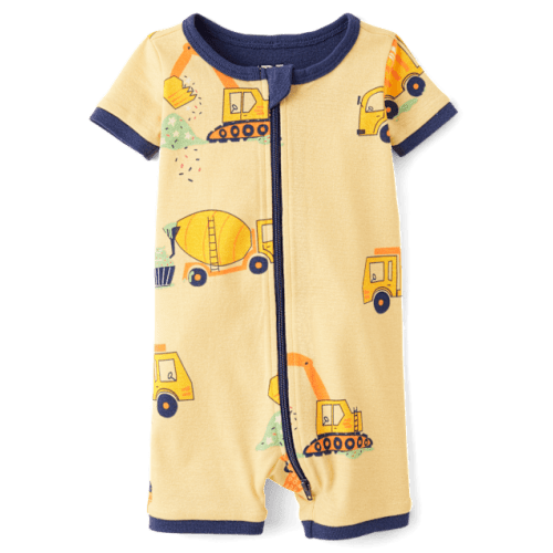 Baby And Toddler Boys Construction Vehicle Snug Fit Cotton Cropped One Piece Pajamas - Yellow