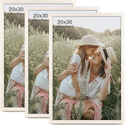 20x30 Frame Set of 3, Rustic White Wood Grain 20x30 Poster Frame for Gallery Wall Mounting (3 Pack,White)