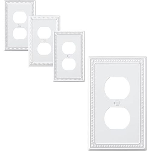 4-Pack Duplex Outlet Cover Plate, Pure White Metal Wall Plates for Electrical Outlets, 1 Gang Receptacle Light Switch Cover, Pearls Decorative Switch Plates and Outlet Covers