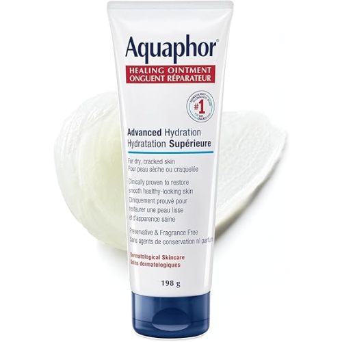 Aquaphor Healing Ointment, Multipurpose Ointment for Dry, Cracked Skin, Chafing, Cuticle Care, Fragrance Free, Non Greasy and Non Comedogenic Body Moisturizer, Dermatological Skin Care, 198g Tube