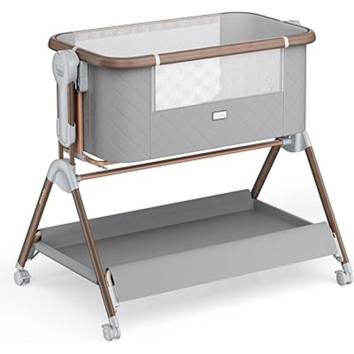 Bassinet,Baby Bassinet,Rocking Bassinet for Baby,Bedside Bassinet with Lockable Wheels and Comfy Mattress,Large Storage,6 Adjustable Heights,Portable Bedside Sleeper for Newborn,Grey