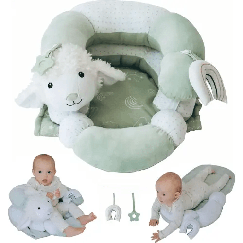 2-in-1 Tummy Time Mat and Seated Support with Sensory Toys – for Newborns and Babies – Includes Detachable Cushion for Supervised Play & Head/Neck Development (Sage)