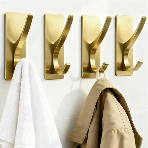 pickpiff Brushed Gold Self Adhesive Coat Hooks for Hanging: Heavy Duty Stainless Wall Hook for Towel, Utensil, Backpack, Hat, Sturdy Metal Hanger for Bathroom, Kitchen, Door, 4-Pack