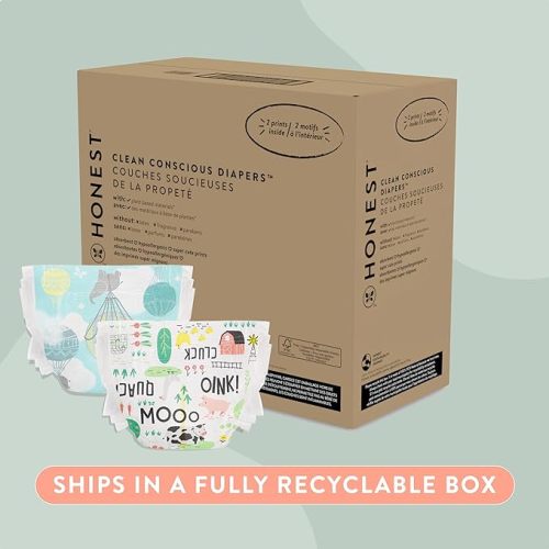 The Honest Company Clean Conscious Diapers | Plant-Based, Sustainable | Above It All + Barnyard Babies | Super Club Box, Size 1 (8-14 lbs), 136 Count