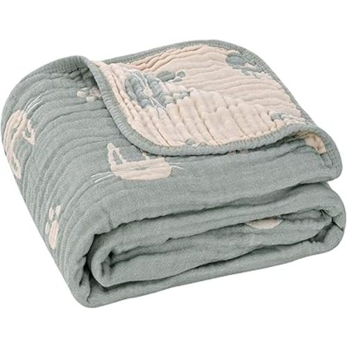 6-Layer Muslin Baby Blanket Made with Organic Cotton - Cute Bunny Rabbit Jacquard Swaddle & Crib Quilt, 43”x 43”,Sage Green Bunny