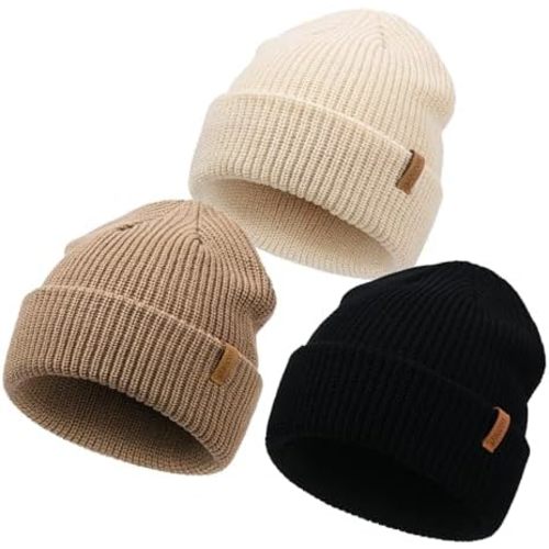 3-Pack Beanie Knit Hats, Beige/Black/Khaki