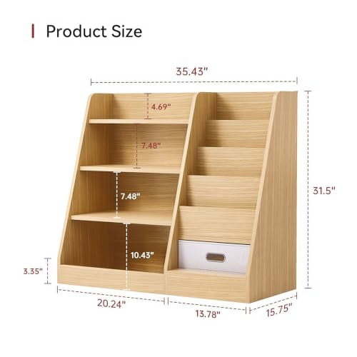 oneinmil 4 Tier Kids Wooden Bookshelf with Drawer, Five Layer Sling Children Bookcase, Baby Storage Book Rack, Book and Toy Organizer Cabinet, Book Display Shelf, Playroom Nursery