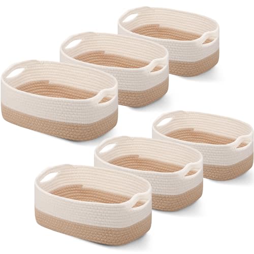 Sawysine 6 Pcs Cotton Rope Woven Basket for Storage Baskets for Organizing Storage Baskets Rope Basket with Handles for Cloth Blanket Toys Living Room Bathroom Laundry (Khaki and White)