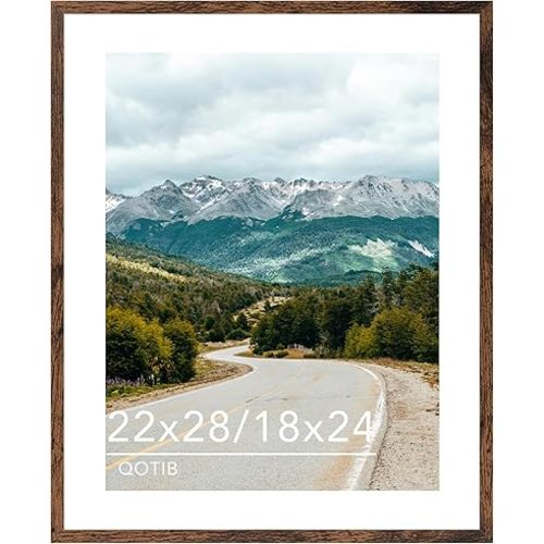 Wood 22x28 Picture Frame with 18x24 Mat, Display 18x24 with Mat or 22x28 Without Mat, Wood 22 by 28 Photo Frame, 22 x 28 Frame for Wall Hanging Display, Deep Brown